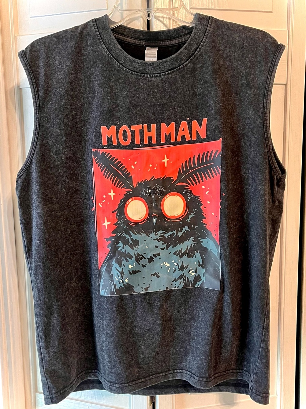 Moth Man Cryptid Graphic Muscle Tee, Black Sleeveless Acid Wash Tank, Halloween